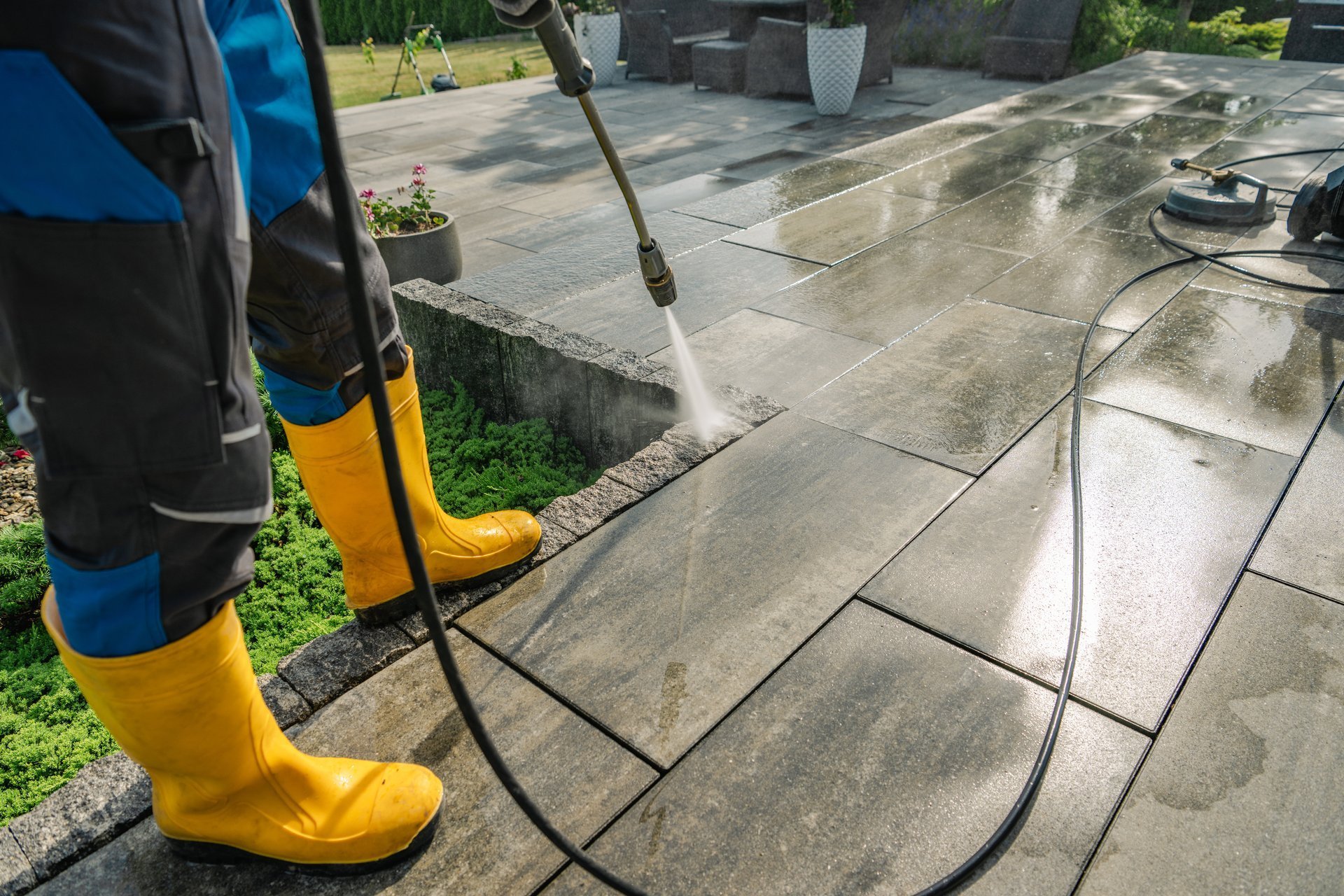 Pressure washing a patio